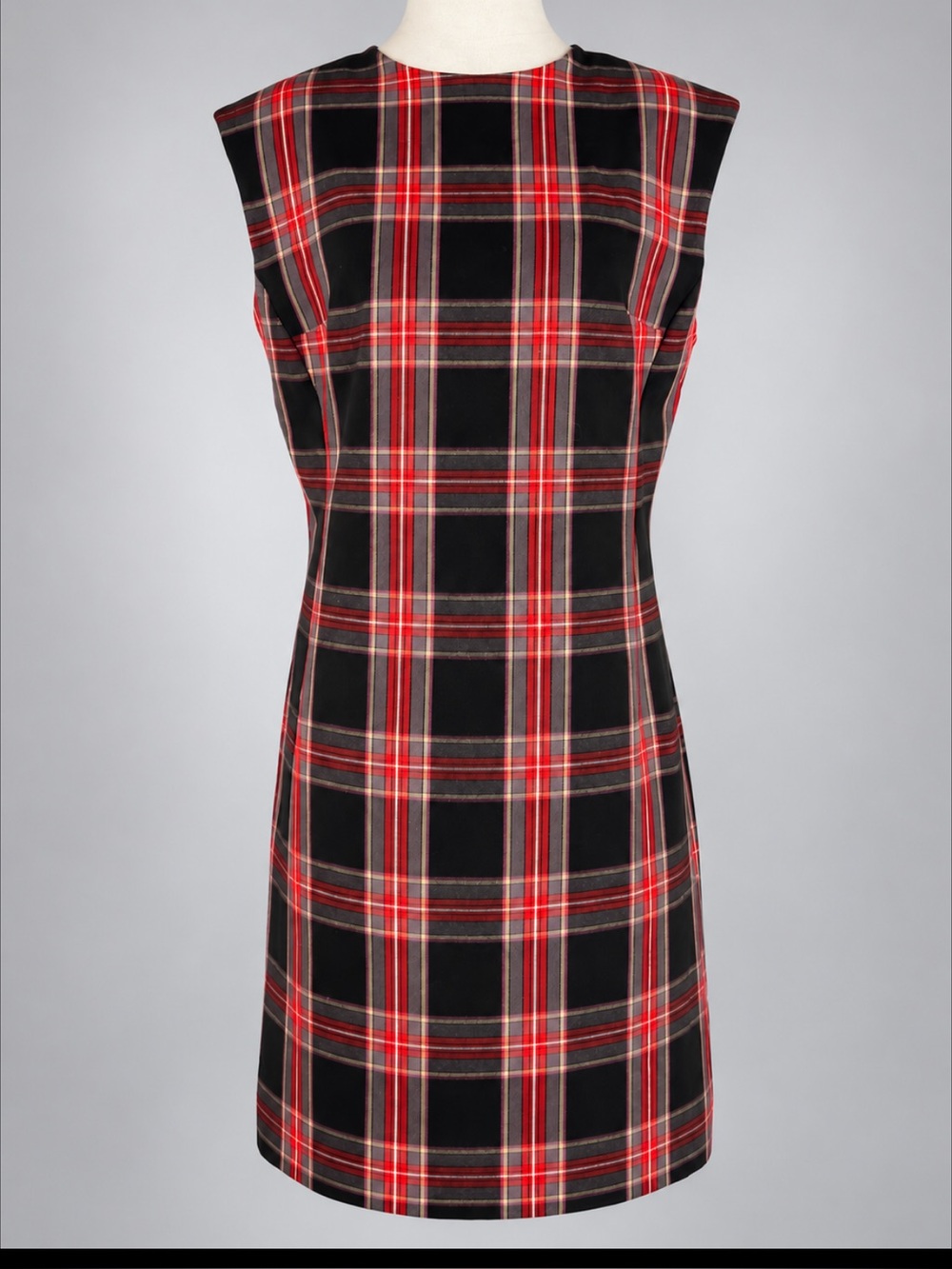 Ann Taylor Plaid Structured Shoulder Shift Dress Size 10 Black Red Tartan